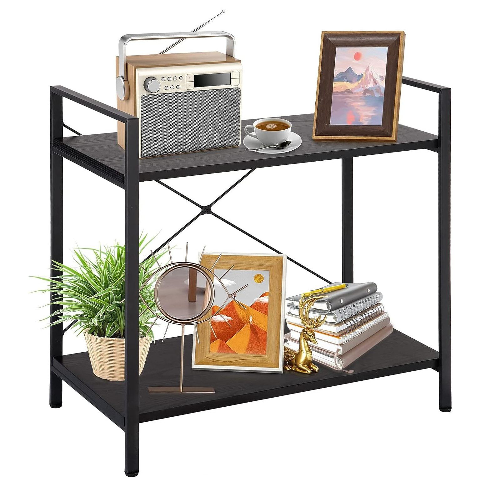 GREATYUUO 2 Tier Small Bookshelf for Small Space, 2 Shelf Low Metal
