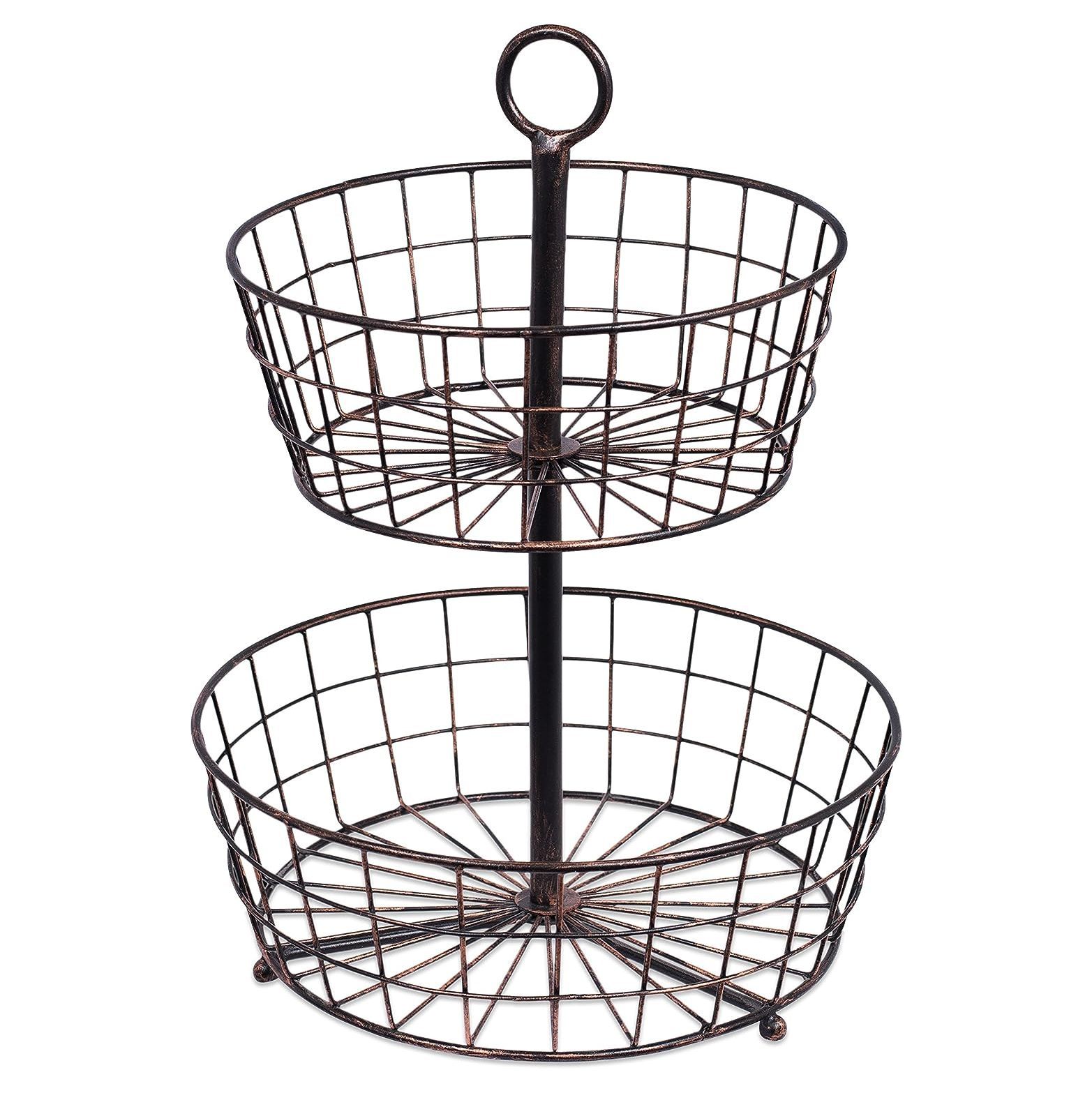 GREATYUUO 2 Tier Wire Fruit Basket Bowl Round Metal Standing Storage