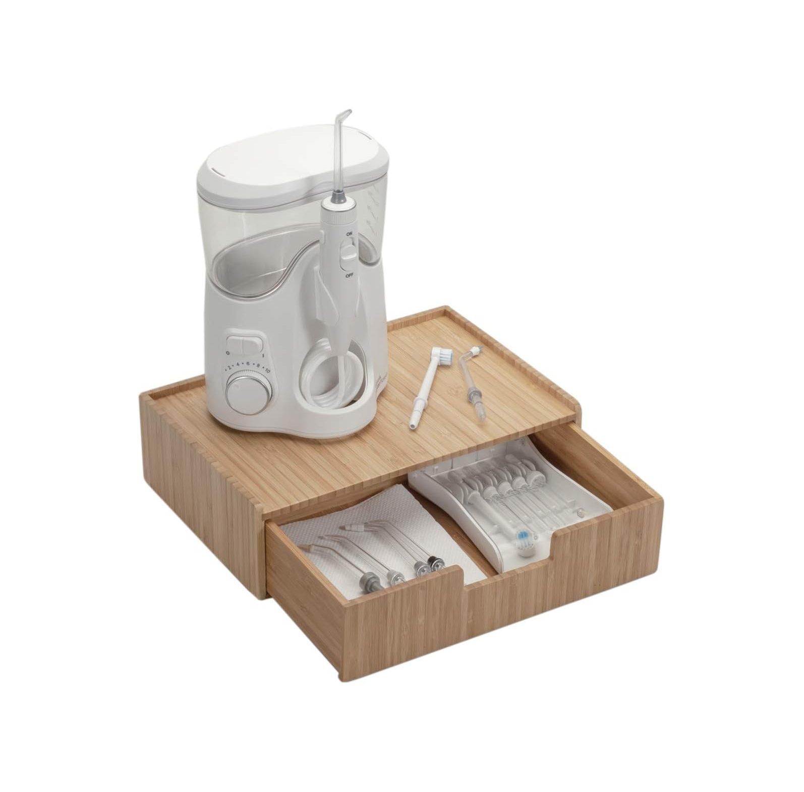 GREATYUUO Bamboo Bathroom Drawer Organizer Storage for Water Flosser