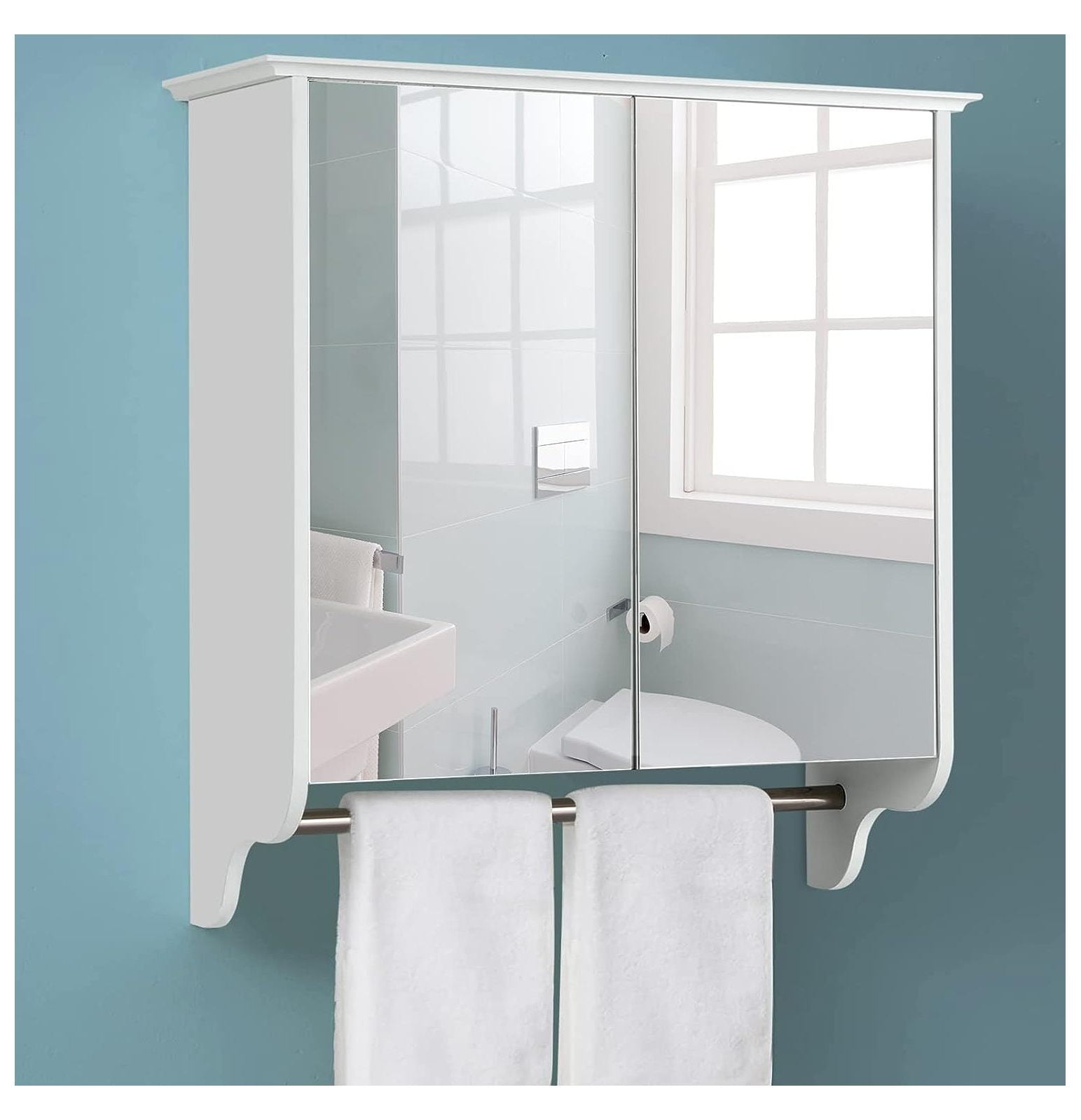GREATYUUO Bathroom Medicine with Towel Bar and Mirror Doors