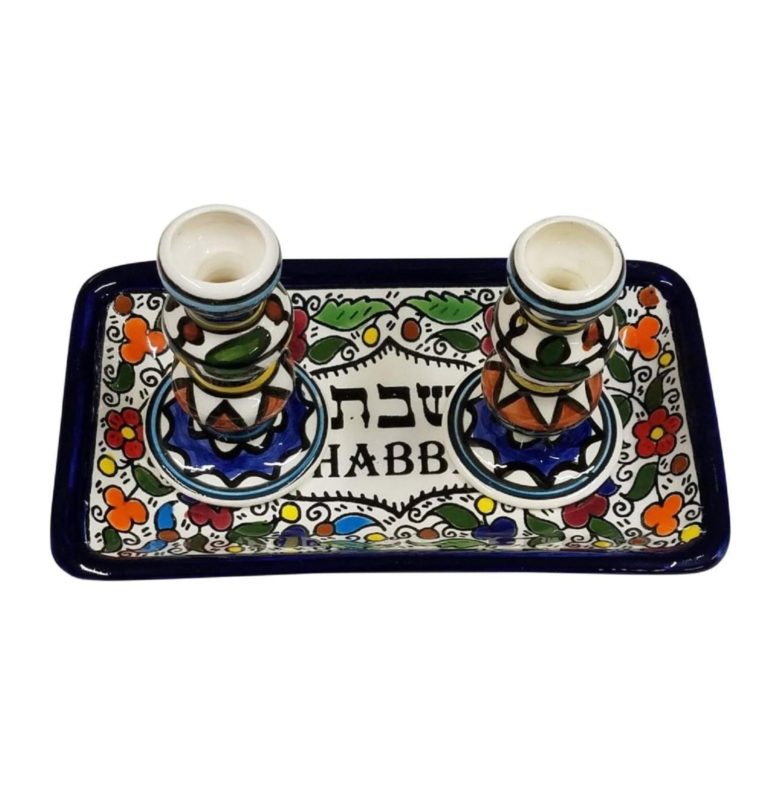 GREATYUUO Colorful Ceramic Candlesticks with Matching Plate for Shabbat