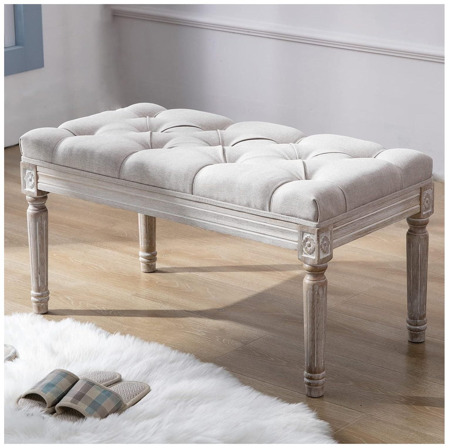 GREATYUUO Farmhouse 2 Seat Entryway Bench, Antique French Loveseat