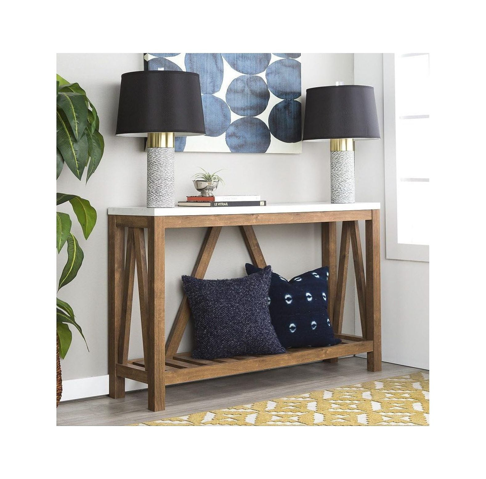 GREATYUUO Farmhouse AFrame Faux Marble Entry Table with Lower Shelf