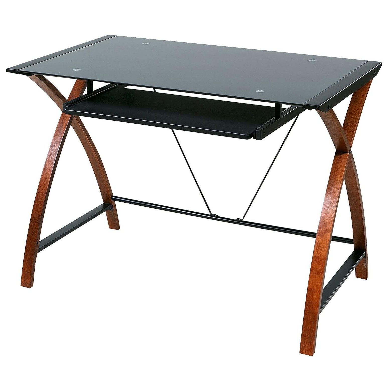 GREATYUUO Glass and Wood Computer Desk with Pullout Keyboard Tray and