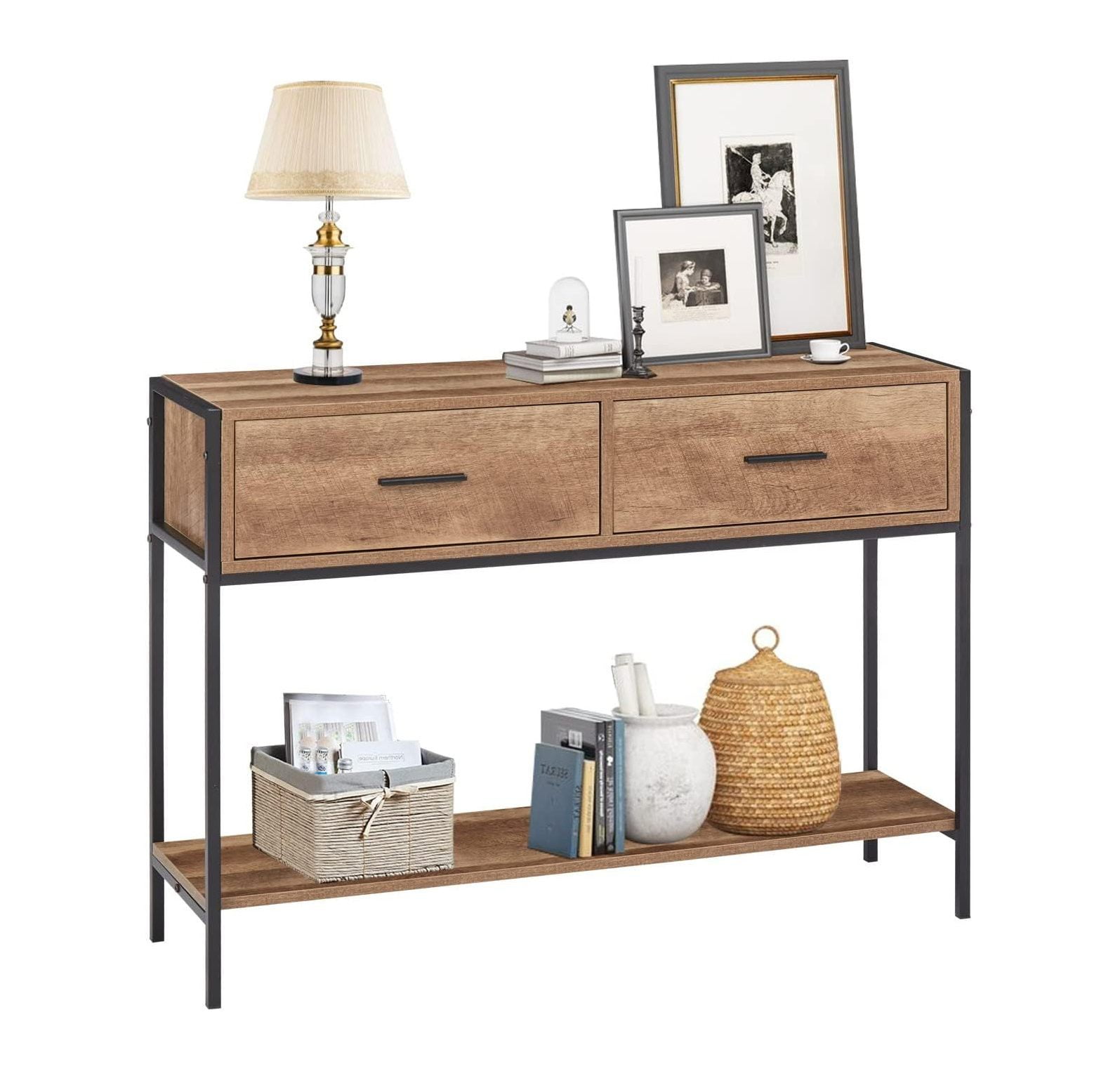 GREATYUUO Kinlife Console Table with Drawers Industrial Metal Frame