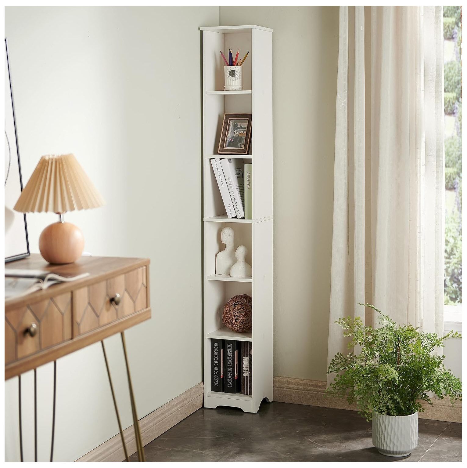 GREATYUUO Mora 6 Tier Tall Narrow Slim Storage Shelves Media Bookcase for Home Office, White
