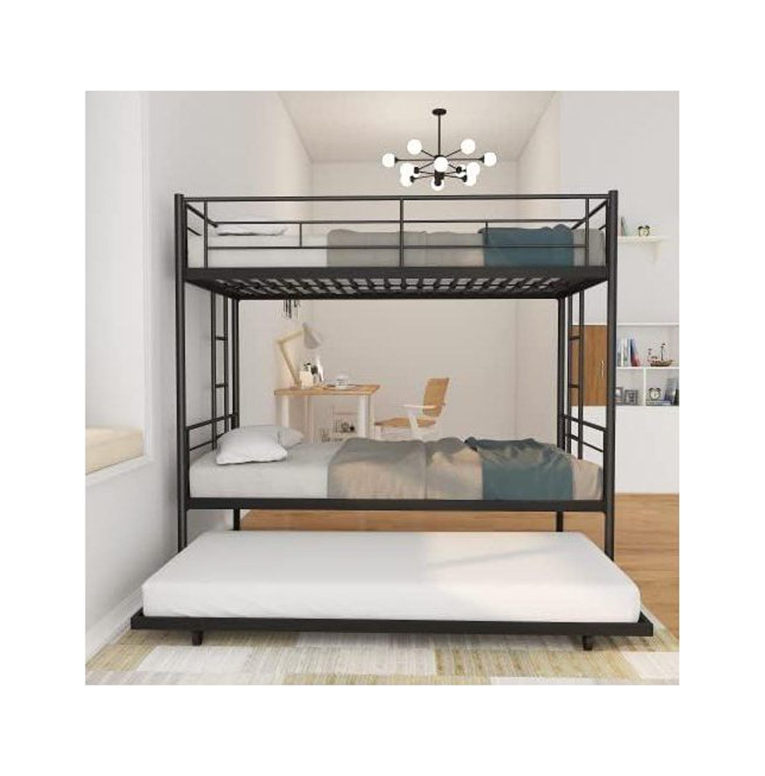 GREATYUUO Over Metal Bunk Beds with Trundle and Safety Guard Rails, Heavy Duty Bunk Bed Frame
