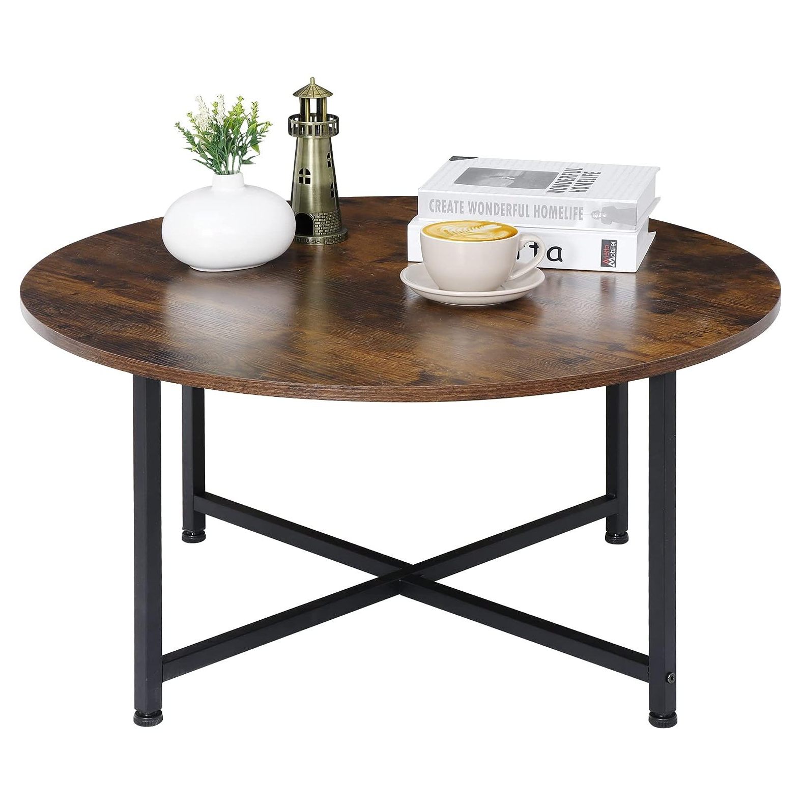 GREATYUUO Round Coffee Table Wood Living Room Table Cross Legs Central Table with Sturdy Metal