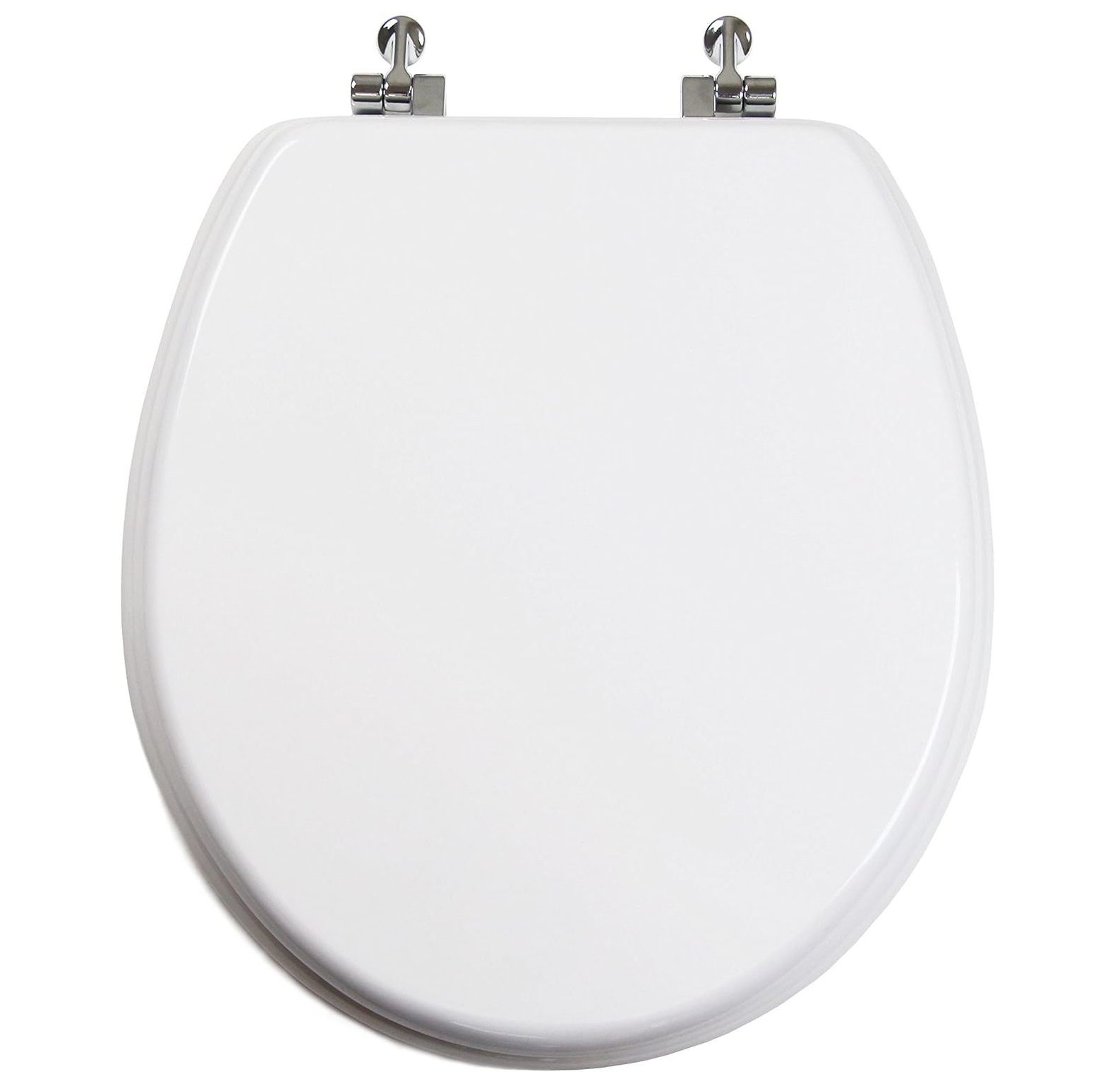 GREATYUUO Round Toilet Seat w/Chromed Metal Hinges, Wood, White