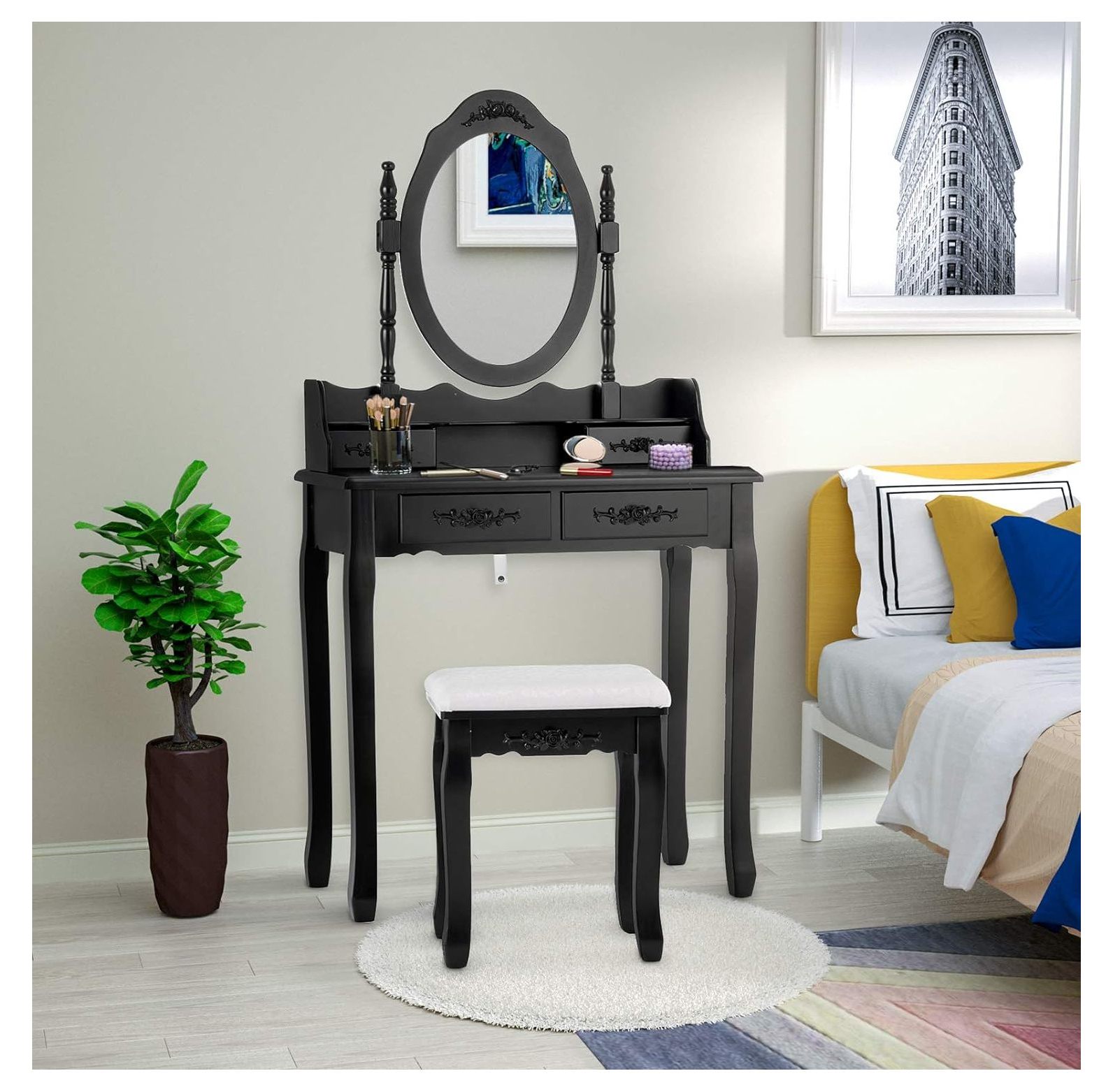 GREATYUUO Vanity Table Set/Oval Mirror,Wood Makeup Table w/4 Drawer