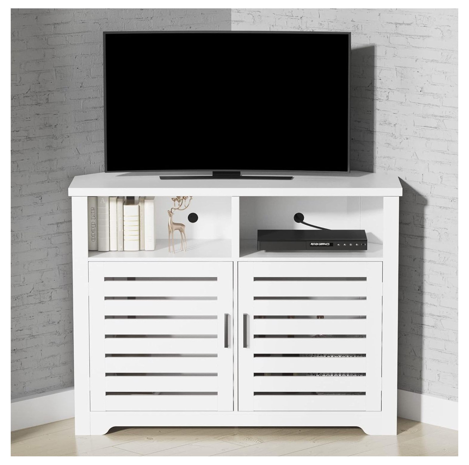 GREATYUUO White Corner TV Stand for 50 Inch TV with AntiTilt Design
