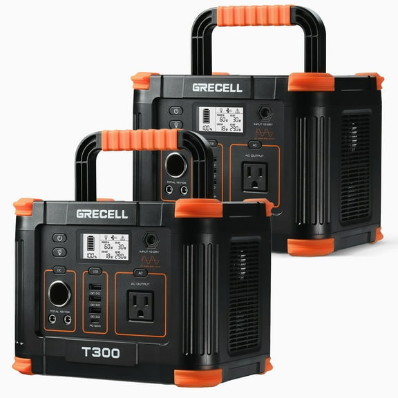 GRECELL 2 Pack Portable Power Station 300W (Peak 600W), 288Wh Solar Generator with 60W USB-C PD Output, 110V Pure Sine Wave AC Outlet Backup Lithium Battery for Outdoors Camping Travel Hunting