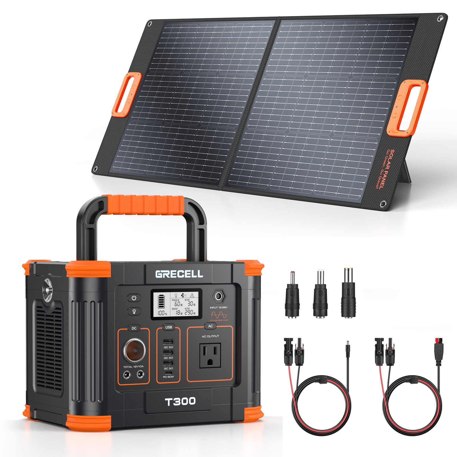 GRECELL 300W Portable Power Station with 100W Solar Panel Included, 266Wh(600W Surge) Solar Generator with AC Outlet USB Port, Solar Powered Generator for Outdoor Camping, Home Emergencies