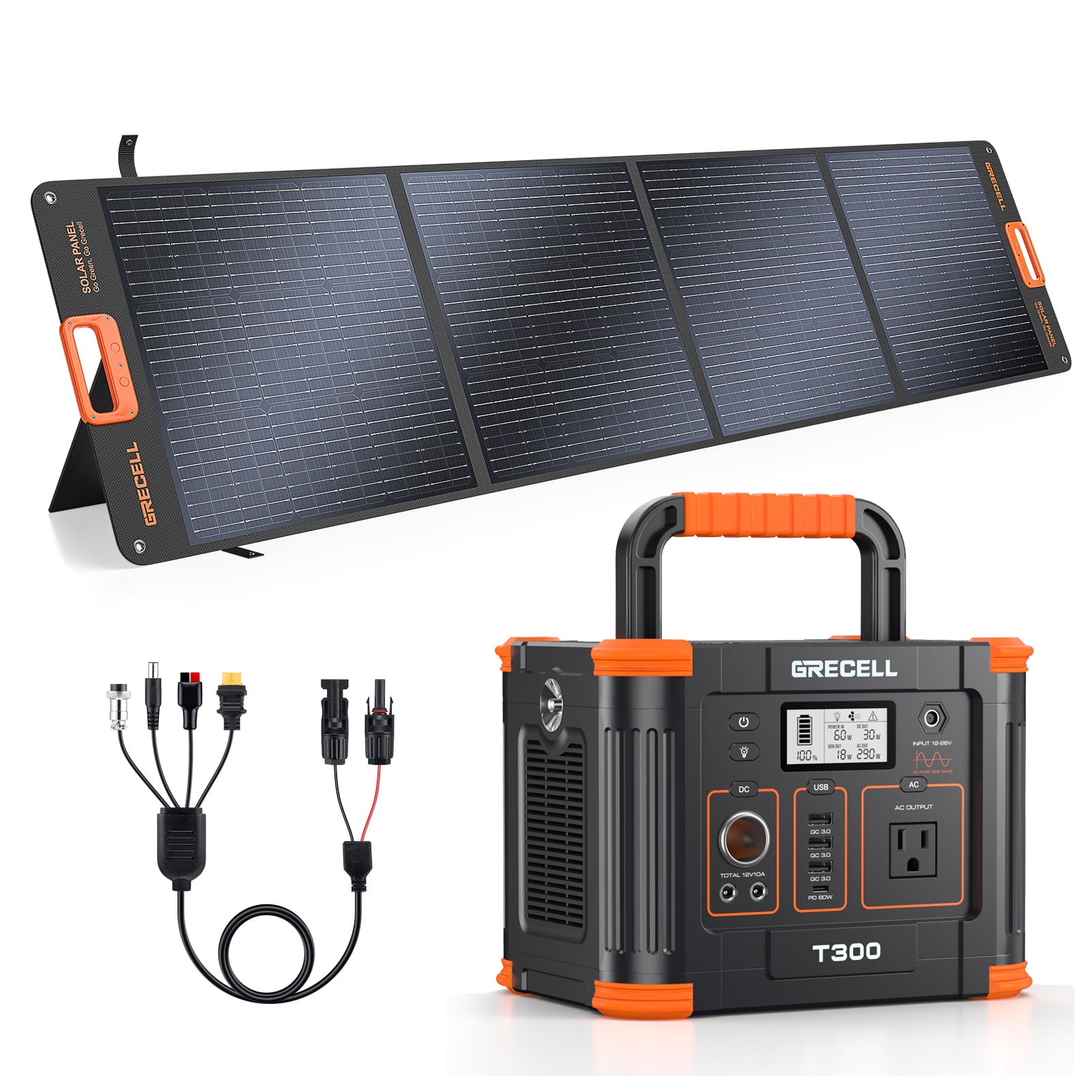 GRECELL 300W Portable Power Station and 200W Solar Panel with 330W AC Outlet, Solar Mobile Lithium Battery Pack for Outdoor RV/Van Camping, 60W PD Output