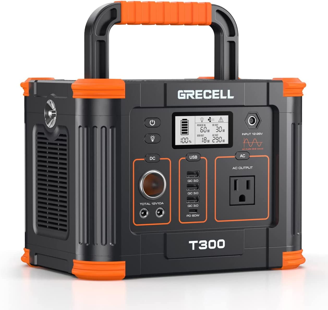 GRECELL 300W Portable Power Station, 288Wh/78000mAh Solar Generator, Regulated DC Output Backup Battery with Pass-Through Charging AC Outlet, LED Light Power Station for CPAP Camping