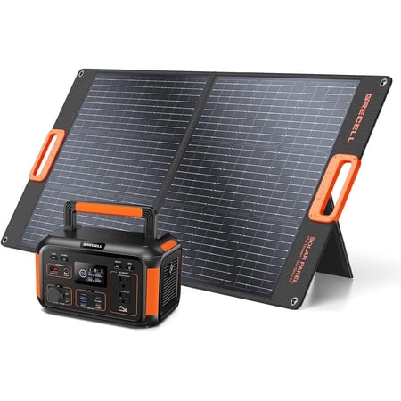 GRECELL 500W Portable Power Station with 100W Solar Panel 20V, Solar Generator 500W AC Outlet, Portable Solar Panel MC-4 High-Efficiency Battery Charger for Home Use Camping Outdoor Trip RV