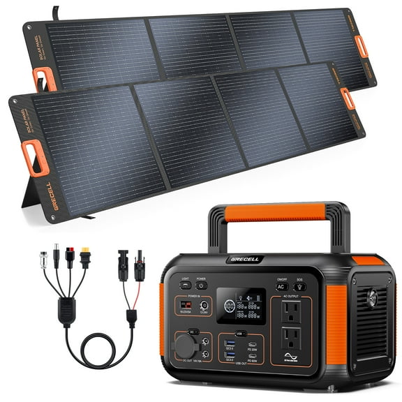 GRECELL 500W Portable Power Station with 200W Solar Panel 20V (2PCS), Solar Generator 500W AC Outlet, Foldable Solar Charger w/ 4 Kickstands, IP65 Waterproof for Home Use Camping Outdoor Trip RV