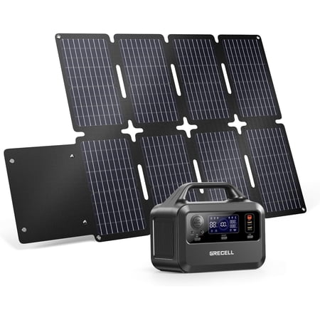 GRECELL Portable Power Station 300W with 80W Foldable Solar Panel, 230Wh LiFePO4 (LFP) Battery with Portable Solar Charger IP67 Waterproof Outdoor Cell Phone Solar Charger for Camping