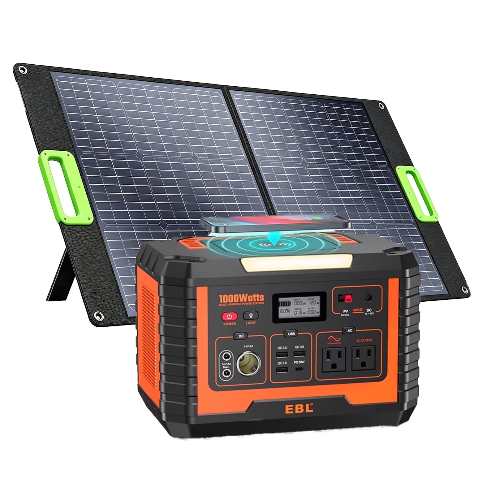 EBL 1000W Portable Power Station with 100W Foldable Monocrystalline Solar Panel Fast Charging for Camping RV Home Emergency Backup