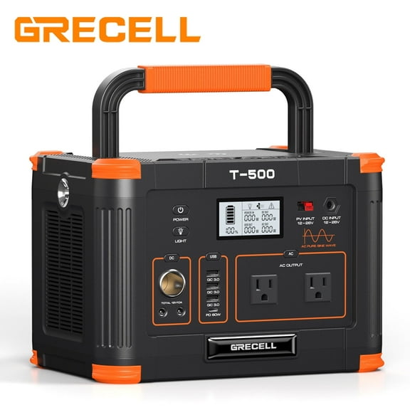 GRECELL Portable Power Station 500W 519Wh 140400mAh Solar Generator Backup Lithium Battery Pack Supply 2 AC Outlets PD 60W USB C bank Outdoor RV Camp