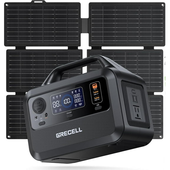 GRECELL Solar Generator with 40W Solar Panel Included,230Wh Portable Power Station 1.5hrs Fast Charging, (600W Surge) AC Outlets, LiFePO4 Battery Backup for Outdoor Camping, Trip, Power Outage