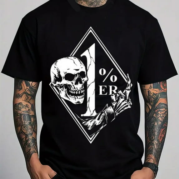 GREE NINK Men'S 100% 180gsm Heavyweight Thirt with 1%er Skull & Diamond Logo Graphic - Black & White Streetwear Casual Round Neck Short Sleeve Tee, Alleason Comfort Fit for Casual Attire, Parties &