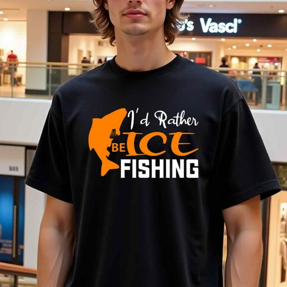 GREE NINK Men'S Funny Ice Fishing Graphic T-Shirt - "I'd Rather Be Ice Fishing" Saying - Heavyweight 180gsm Tee - Black Shirt with Orange Text - Casual Everyday & Outdoor Wear - Deal - Regular Fit C