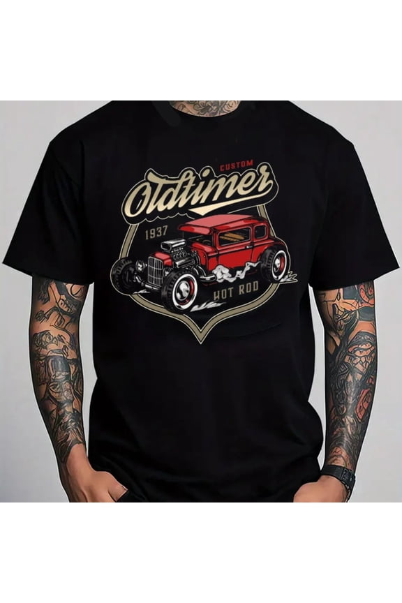GREE NINK Men'S Vintage 1937 Hot Rod Car Graphic T-Shirt - 100% 180gsm Heavyweight Retro Classic Auto Design with Oldschool Hot Rod & 1937 Year Print, Casual Round Neck Short Sleeve Tee for Car Show