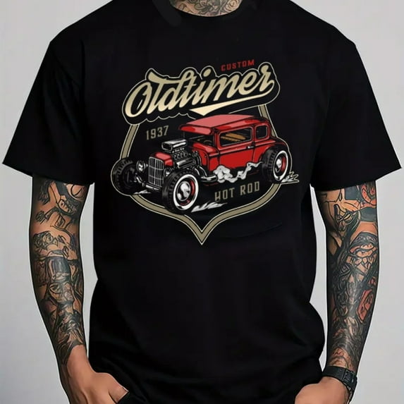 GREE NINK Men'S Vintage 1937 Hot Rod Car Graphic T-Shirt - 100% sm Heavyweight Retro Classic Auto Design with Oldschool Hot Rod & 1937 Year Print, Casual Round Neck Short Sleeve Tee for Car Show
