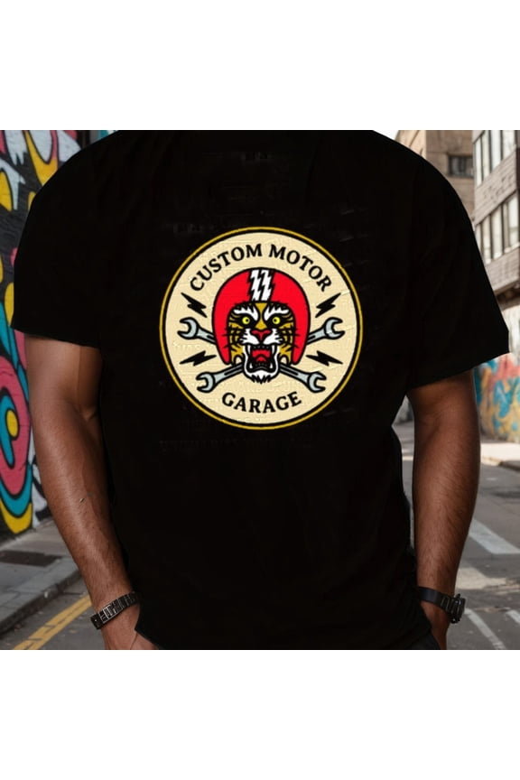 GREE NINK Men's Heavyweight 180gsm 100% Cotton Motorcycle & Garage Graphic T-Shirt - Biker Tiger Head & Motor Garage Design with Wrench & Motorcycle Rider Print, Casual Round Neck Short Sleeve Tee f