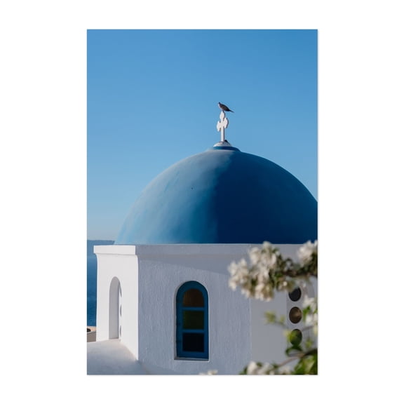 GREECE | Blue Dome & Bougainvillea - Fira Greece Photography Architecture Mediterranean Church Religious Art Bird Scenic Travel Poster Unframed Wall Art Print 4 x 6 inches