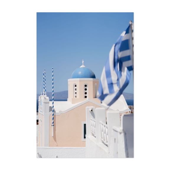 GREECE | Flag & Dome of Santorini - Fira Greece Photography Mediterranean Architecture Church Seascape Travel Poster Summer Unframed Wall Art Print 20 x 30 inches