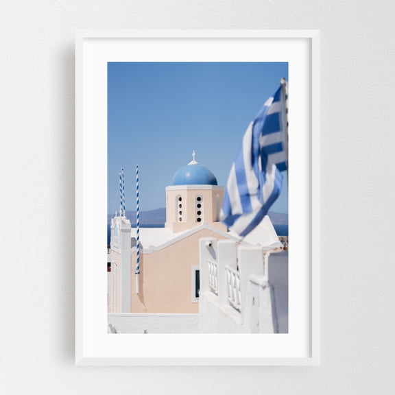 GREECE | Flag & Dome of Santorini - Fira Greece Photography Mediterranean Architecture Church Seascape Travel Poster Summer White Framed Wall Art Print 12 x 18 inches