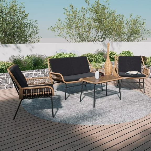 GREEN MORE 4-Piece Outdoor Patio Conversation Set - Metal Weatherproof Furniture with Loveseat, Chairs, and Coffee Table, Black/Gray
