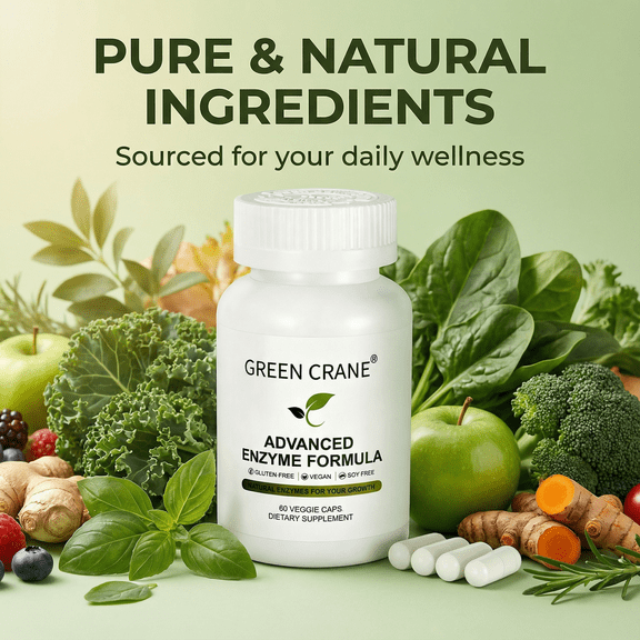 GREEN CRANE Advanced Enzyme Formula - Plant-Sourced Digestive Support Complex, Gluten-Free Vegan Capsules for Gentle Digestion, 60 Count