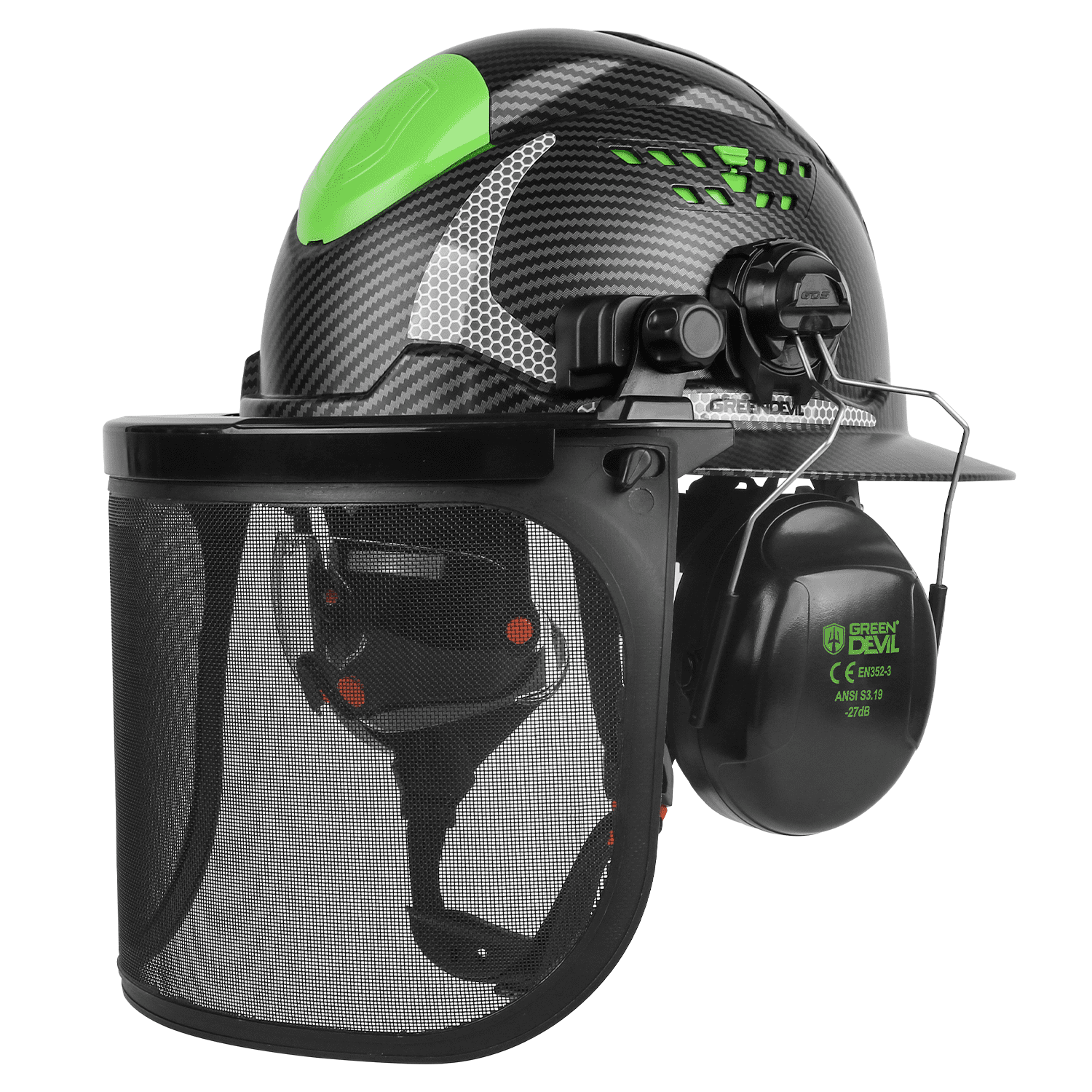 GREEN DEVIL Industrial Chainsaw Helmet with Face Shield Built in Visor and Ear Muffs 4 in 1 System ANSI Z89.1 Full Brim Safety Hard Hat Adjustable Headgear Ideal for Forestry and Arborist Work