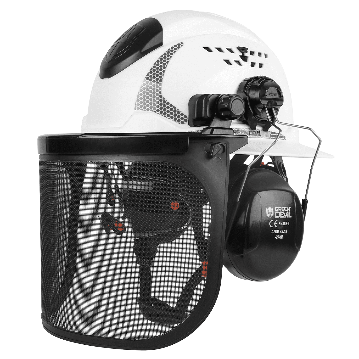 GREEN DEVIL Industrial Chainsaw Helmet with Face Shield Built in Visor and Ear Muffs 4 in 1 System ANSI Z89.1 Full Brim Safety Hard Hat Adjustable Headgear Ideal for Forestry and Arborist Work