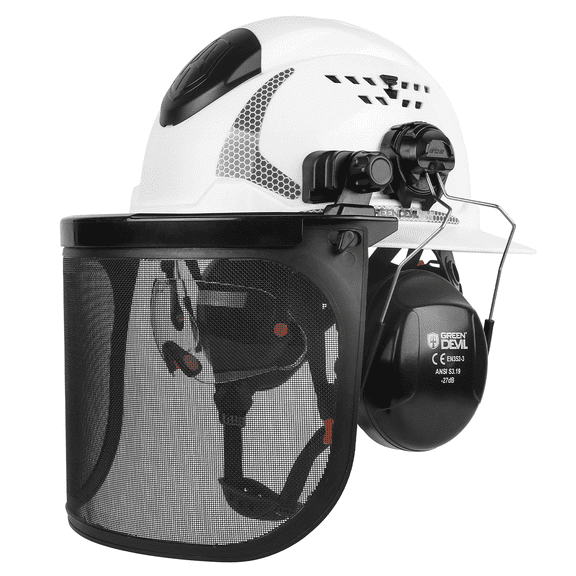 GREEN DEVIL Industrial Chainsaw Helmet with Face Shield Built in Visor and Ear Muffs 4 in 1 System ANSI Z89.1 Full Brim Safety Hard Hat Adjustable Headgear Ideal for Forestry and Arborist Work