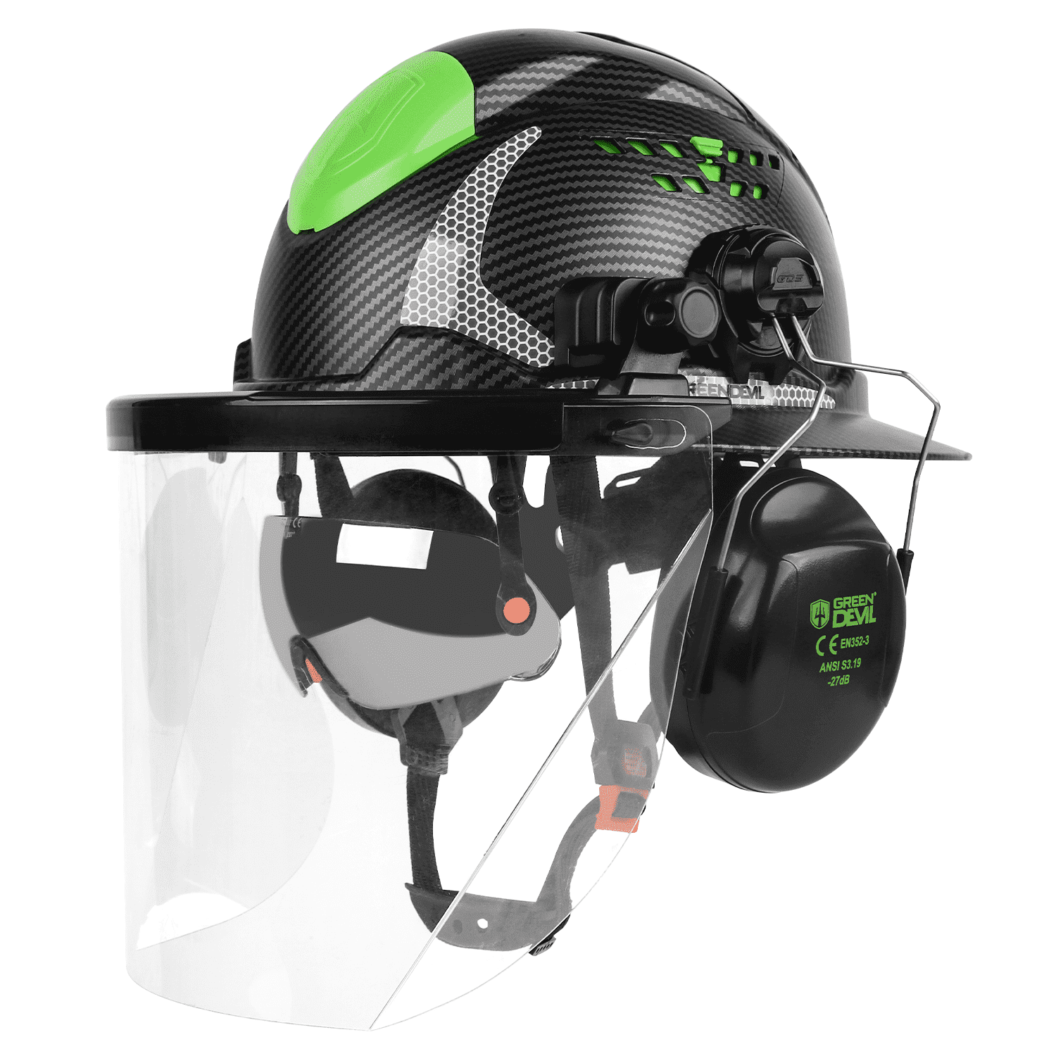 GREEN DEVIL Industrial Chainsaw Helmet – 4-in-1 System With Face Shield, Visor, Ear Muffs, Full Brim Hard Hat, ANSI Z89.1 Approved