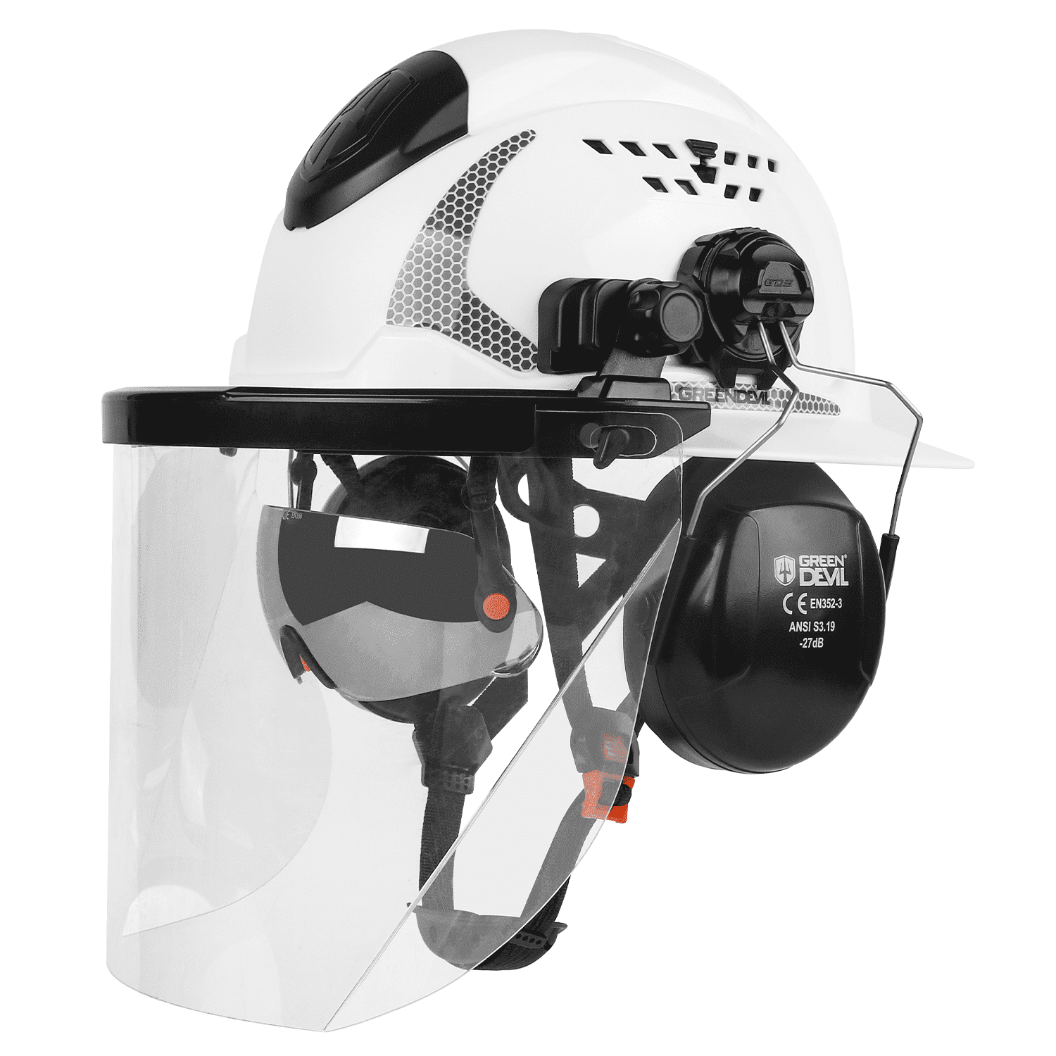 GREEN DEVIL Industrial Chainsaw Helmet with Face Shield Built in Visor and Ear Muffs 4 in 1 System ANSI Z89.1 Full Brim Safety Hard Hat Adjustable Headgear Ideal for Forestry and Arborist Work