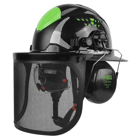 GREEN DEVIL Industrial Chainsaw Helmet with Face Shield Built in Visor and Ear Muffs 4 in 1 System ANSI Z89.1 Full Brim Safety Hard Hat Adjustable Headgear Ideal for Forestry and Arborist Work
