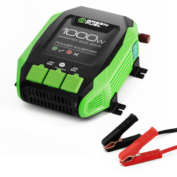 GREEN FUEL 1000W Power Inverter 2000W Peak w/DC 12V to 3X 120V AC, 2X 2.4Amp USB, Mounting Brackets and Clamps Included