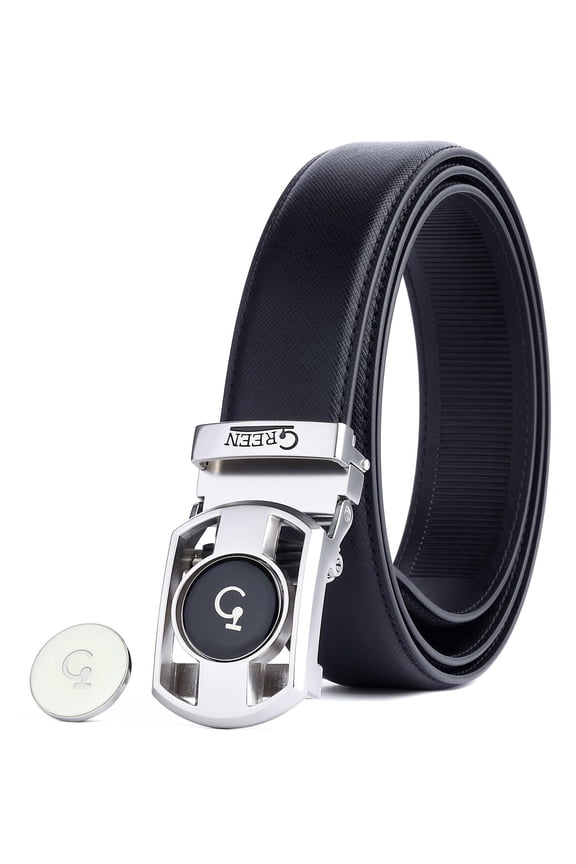Saffiano Leather Golf Belt for Men - Ratchet Slide Belt with Magnetic Enamel Ball Marker, Holeless Micro-Adjust Buckle, Scratch-Resistant Cross-Grain Texture (Black)