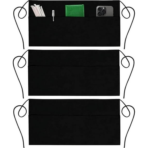 GREEN LIFESTYLE 3 Pack Server Aprons with 3 Pockets - Waist Apron, Waitress Apron for Women and Man, Water Resistant with Long Waist Strap Reinforced Seams, Half Apron (Black)