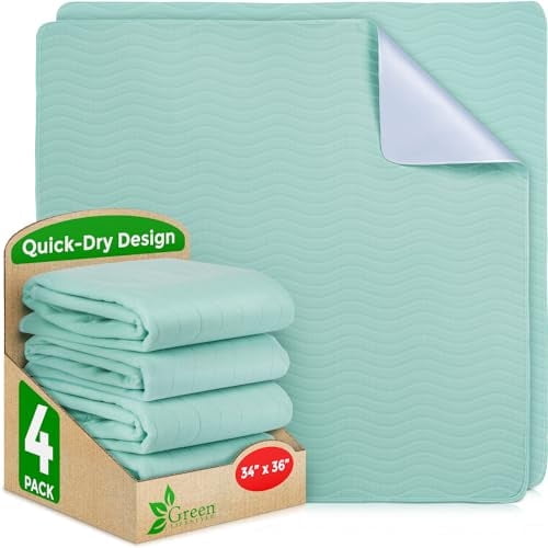 GREEN LIFESTYLE Washable Underpads - Heavy Absorbency Reusable Bedwetting Incontinence Pads for Kids, Adults, Elderly, and Pets - Toddler Mattress Pads for Bed, Sofa, Floor (Pack of 4 - 34x36)
