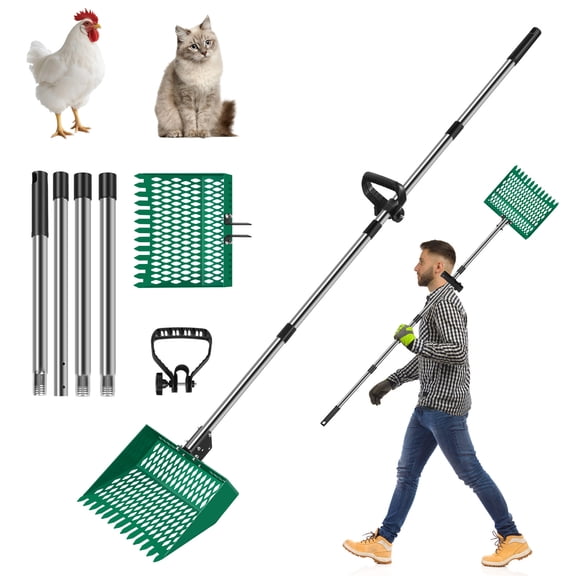 GREEN Multi-Purpose Partitioned Slot Scoop with Adjustable Stainless Steel Handle For Chicken Manure, Cat Litter, Snow Shoveling, Yard Cleanup & Pet Care