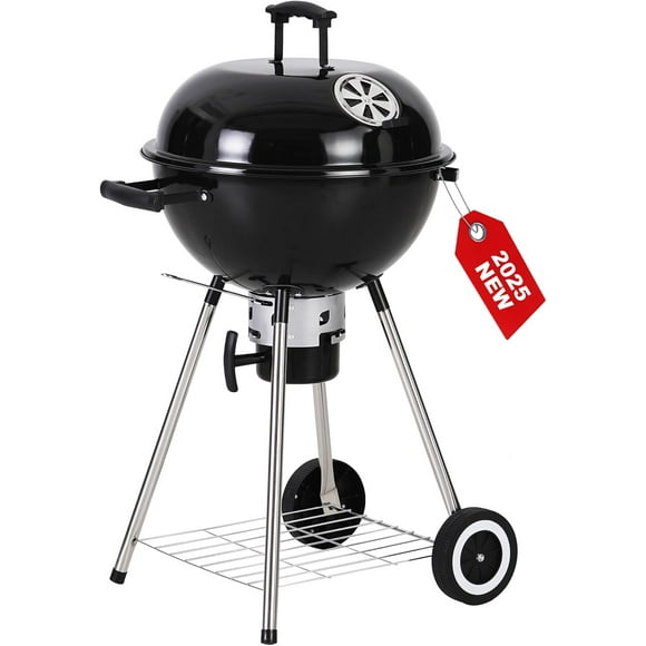 GREEN PARTY 18 inch Kettle Charcoal BBQ Grill with Wheels, Portable Charcoal Grill with Porcelain-Enameled Lid & Ash Catcher for Outdoor Cooking Barbecue Camping Picnics Tailgating