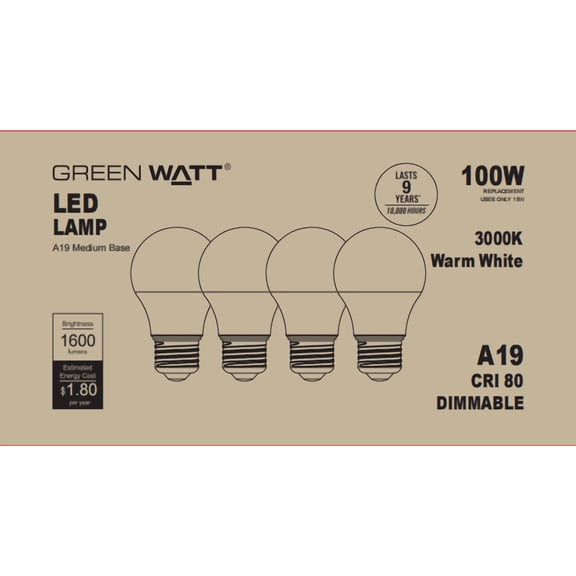GREEN WATT A19 LED Light Bulb, 100W Equivalent, 3000K Warm White, Dimmable, Medium Base