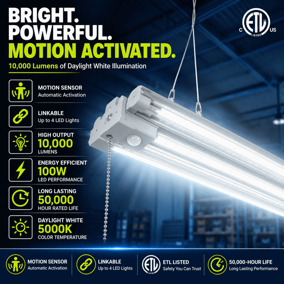 Green Watt 4FT LED Shop Light with Motion Sensor, 10,000 Lumens, 100W, 5000K Daylight, Linkable Up to 4 Fixtures, Adjustable Side Panels, Grey