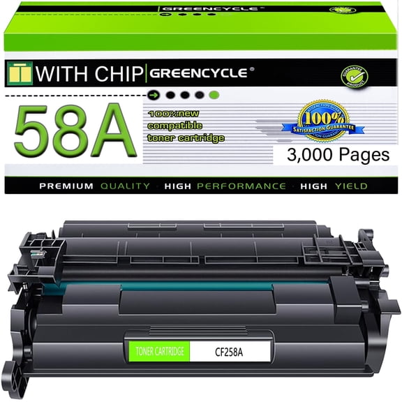 GREENCYCLE 1 Pack CF258A (with Chip) Compatible Black Toner Cartridge Replacement for 58A CF258A Use with Laser Jet Pro M304 M404 M404dw MFP M428 M428dw M428fdn M406dn Printer